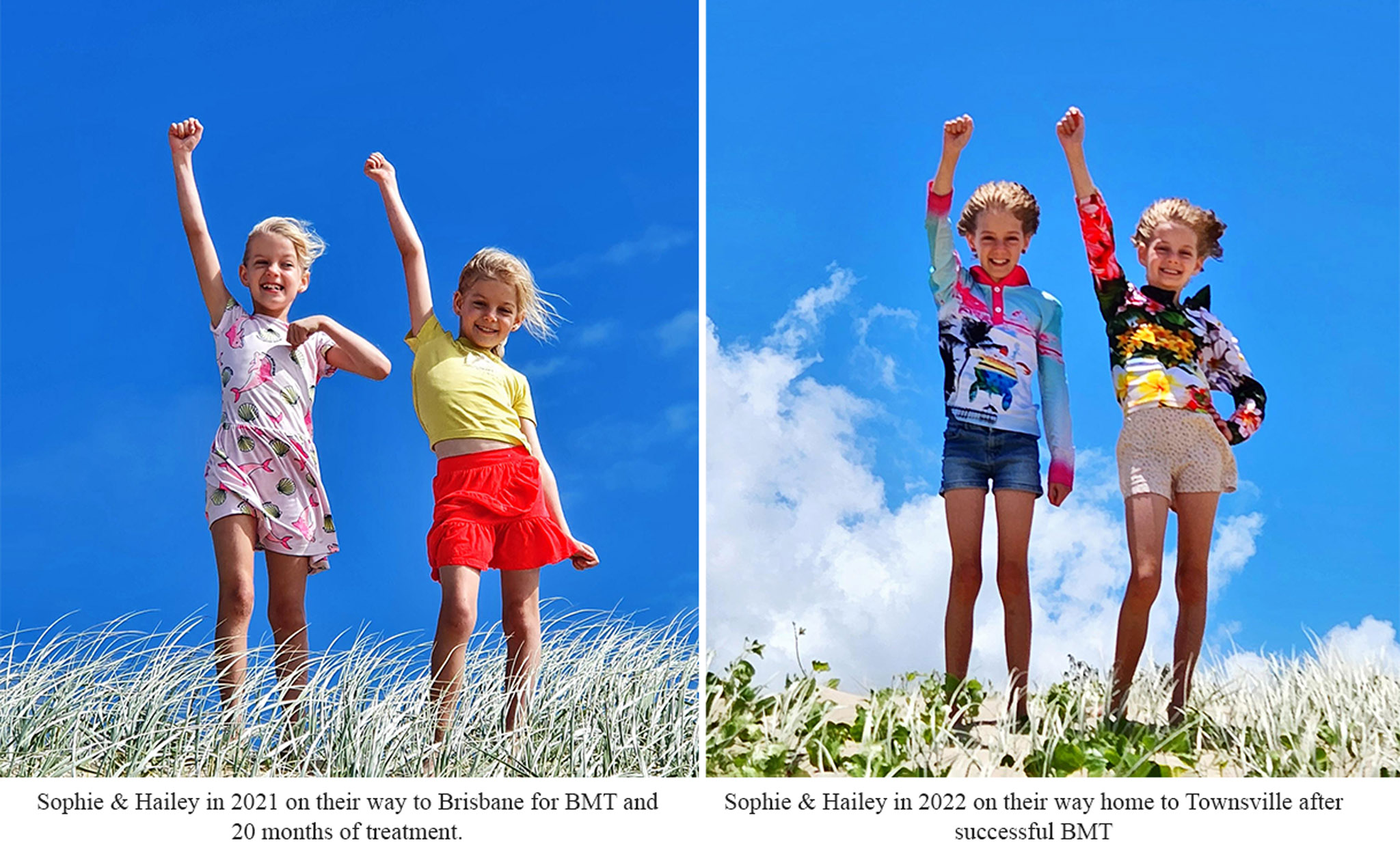 Side by side images of Sophie & Hailey taken 20 months apart. The first image is on their way to treatment, the second on their way home. The girls are standing in the same location in each image with their hands raised triumphantly in the air