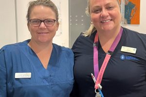 Shaun Rosen Scholarship recipients Stacey Koschel and Suzie Flynn in their nursing uniforms