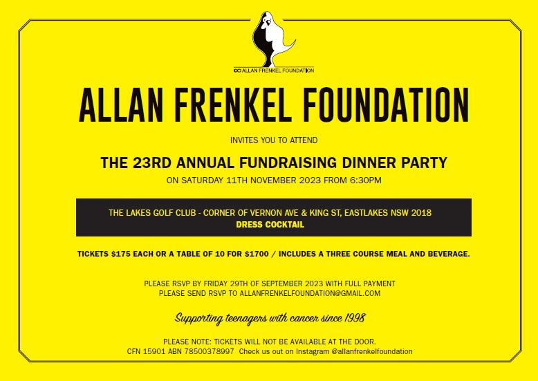 Invitation to the Allan Frenkel Foundation dinner, with black writing on bright yellow background.