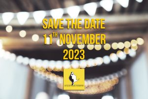 Allan Frenkel foundation dinner save the date text and logo on soft focus photo of garland lights