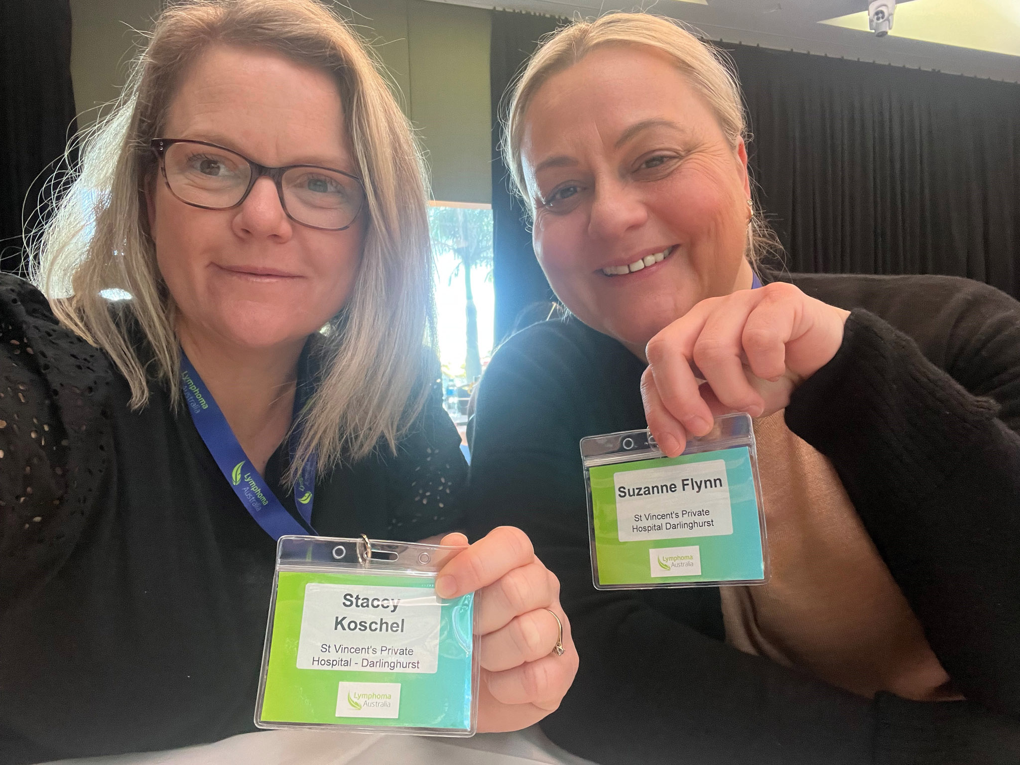 Lymphoma Awareness Day: Suzie Flynn and Stacey Koschel from St Vincent's Hospital in Sydney attending the Lymphoma Australia Conference in Brisbane, 2023.