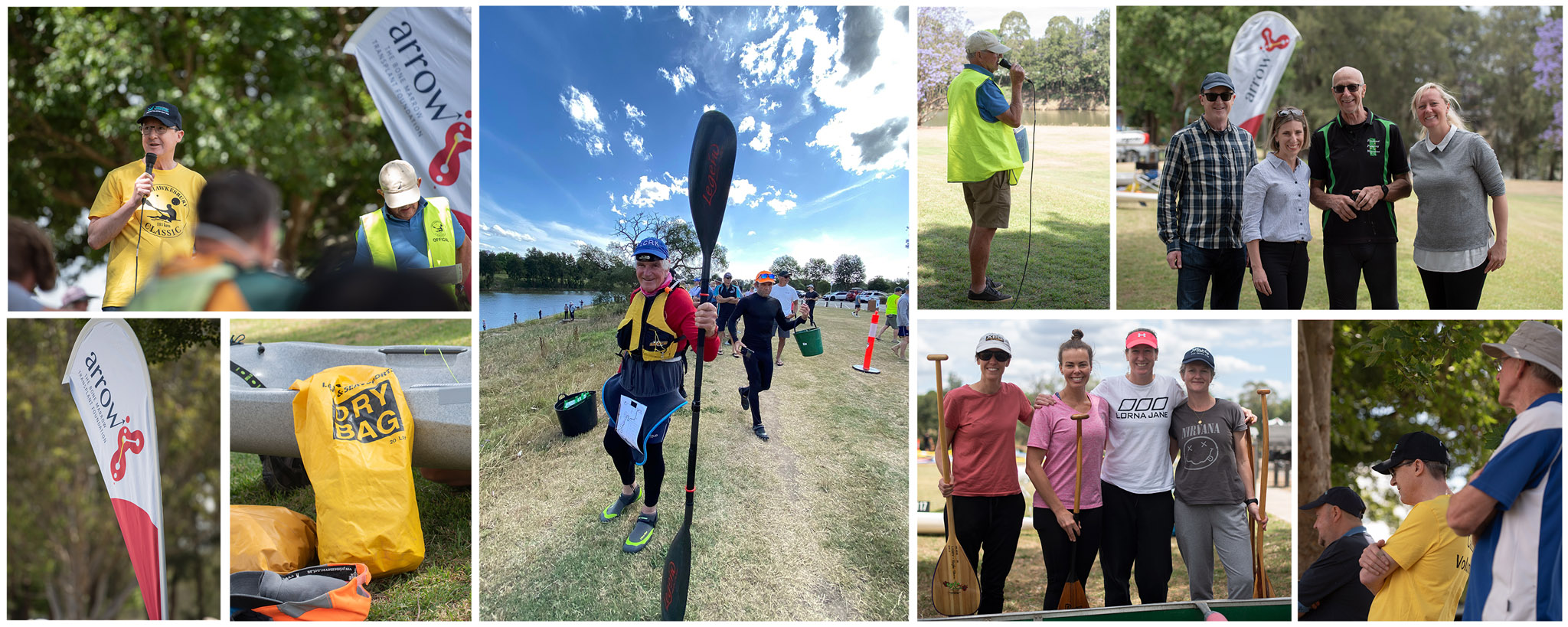Collage of images from the start of The Hawkesbury Canoe Classic in 2023. Images show paddlers, dry bag, volunteers, people speaking using a microphone, and the Arrow Bone Marrow Transplant Foundation banner