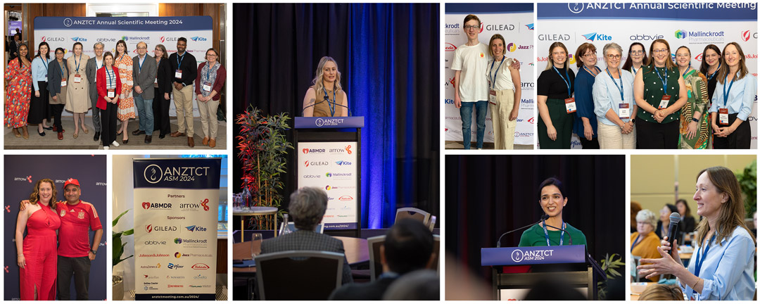 "village people anztct": Collage of images from the ANZTCT Annual Scientific Meeting in 2024. Includes photos of people giving presentations, people in front of branded media wall, and groups of people posing for snapshots.