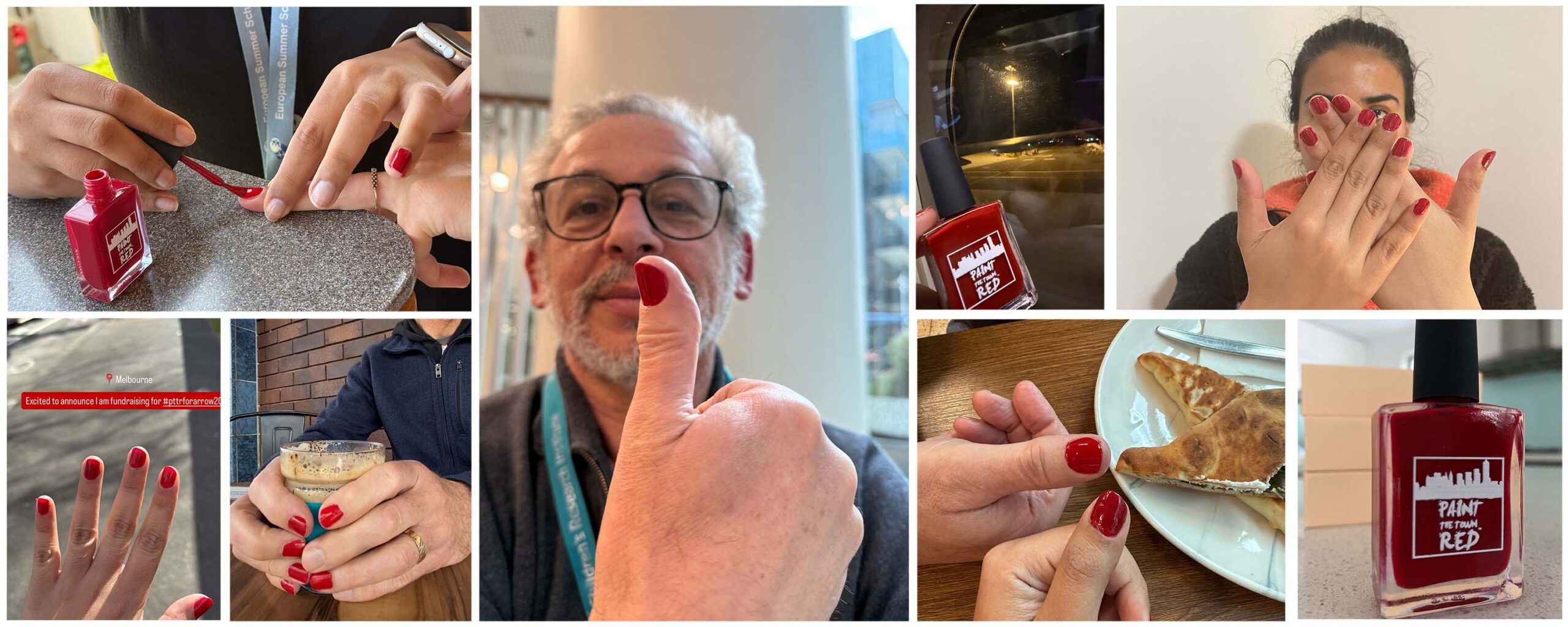 Collage of photos of fingernails painted red in support of Paint the Town Red, Arrow's bespoke fundraising challenge