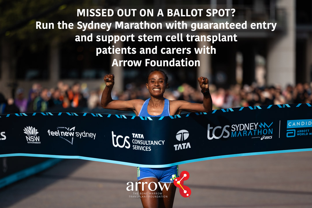 Sydney Marathon 2026 charity places available with Arrow Foundation. This image shows a runner crossing the finishing line of the TCS Sydney Marathon